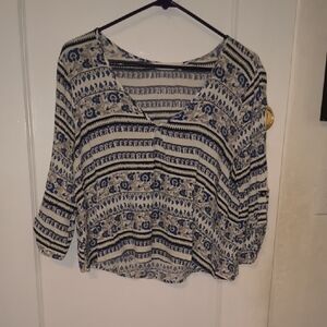 Lush | Navy and Beige Patterned Blouse